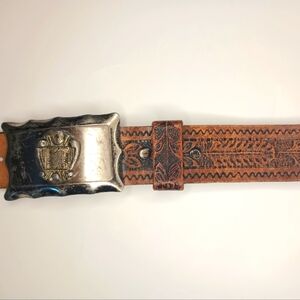 Vintage Hand Stained Stamped Leather Belt Size 40 Tooled Tan Buckle Sothwestern